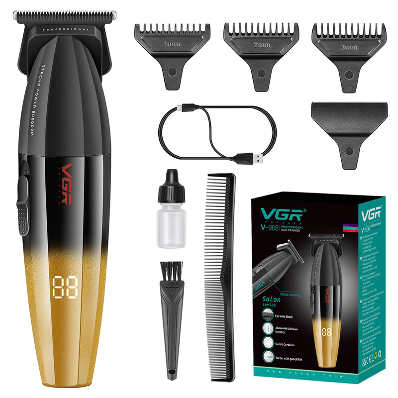 VGR 906 Fresh Fade Professional Hair Trimmer 9000rpm Zero Gapped Beard Trimmer for Men DLC T-Blade Cordless Hair Clipper/Trimmer for Barbers and USB Rechargeable Gold
