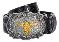 KorhLeoh Mens-Western-Leather-Buckle-Belts-Cowboy-Longhorn-Bull-Head-Buckle-Belt-Floral-Engraved-Buckle-Belt-for-Women