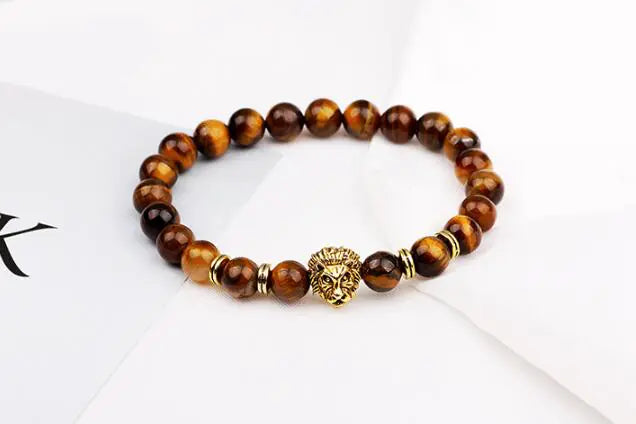Lion Head Bracelet with Tiger Eye and Lava Stone