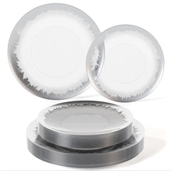 Trendables 60 Pack Dinnerware Sets Silver Plastic Plates | 30-10" Dinner Plates & 30-8" Dessert Disposable Plates - Clear Plastic Plates With Silver Rim | Plastic Plates For Party Plastic Plate Set
