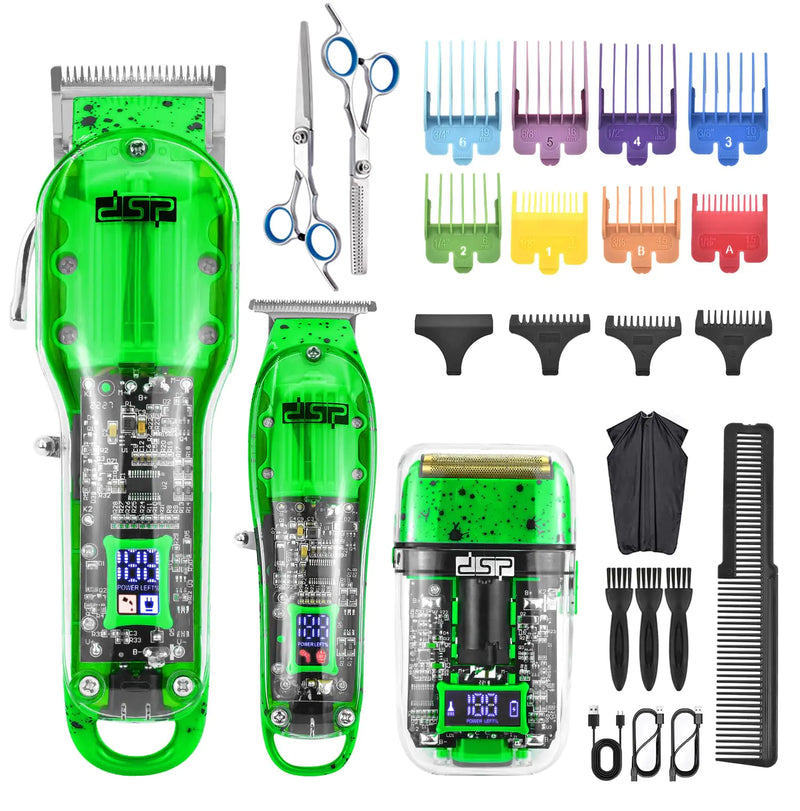 DSP® Hair Clipper Trimmer Beard Shaver Kit for Men Professional Barber Set for Hair and Beard Cutting Zero Gap Beard Trimmer Rechargeable Bald Fade Clippers with LED Display (Green)
