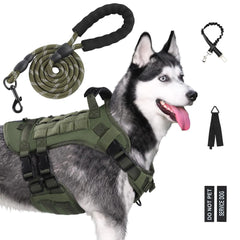 Yungaspy No Pull Tactical Dog Harness for Large Dogs Escape Proof Molle Dog Vest Harness and Leash Set Adjustable Military Service Dog Harness with Handle for Medium Large Dogs(GreenLarge)