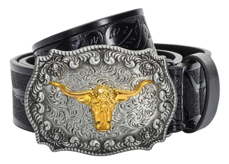 KorhLeoh Mens-Western-Leather-Buckle-Belts-Cowboy-Longhorn-Bull-Head-Buckle-Belt-Floral-Engraved-Buckle-Belt-for-Women