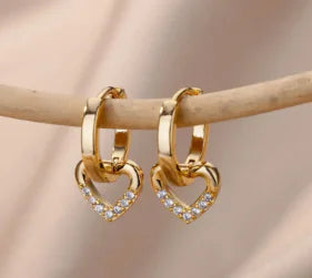 18K Gold-Plated Heart Pendant Hoop Earrings (One Pair)