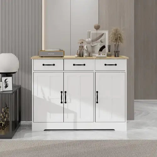 Farmhouse Buffet Cabinet Storage Sideboard With 3 Drawers And 3 Doors For Dining Room, Living Room, Kitchen Cupboards - White