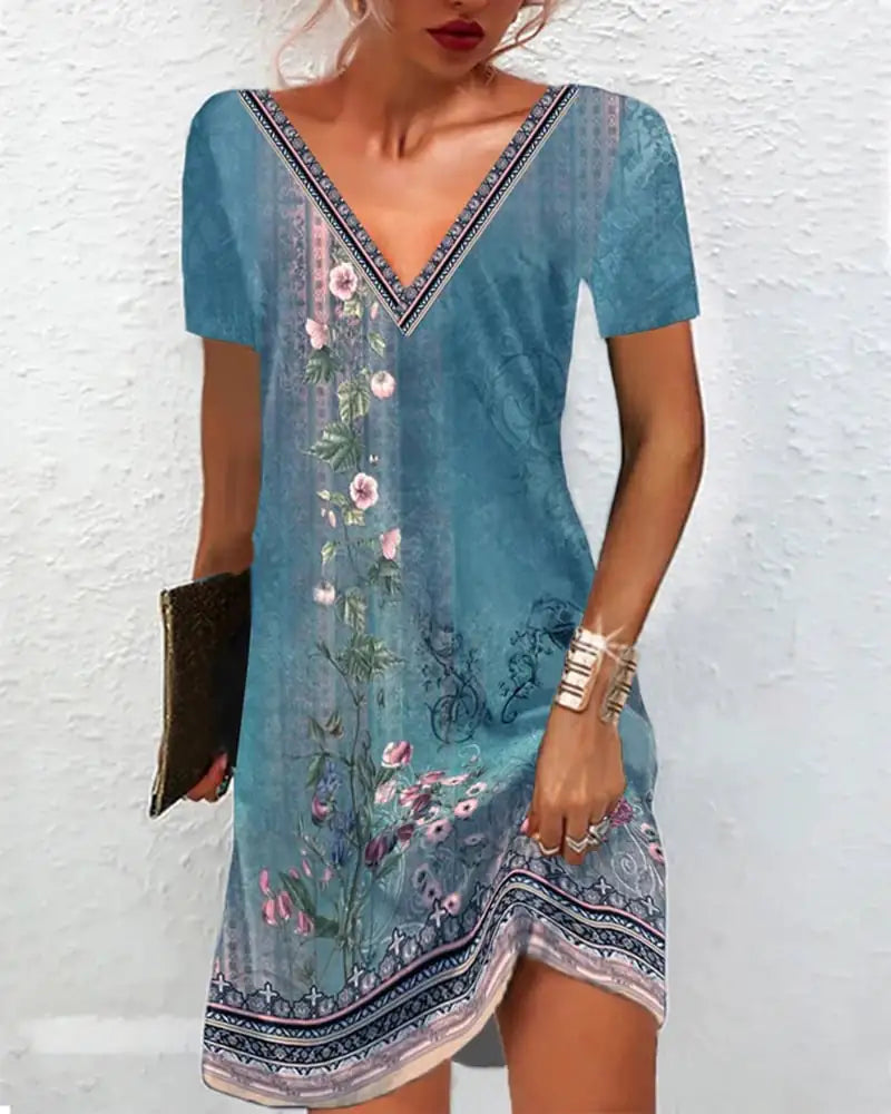 Casual V-neck Short Sleeve Printed Dress