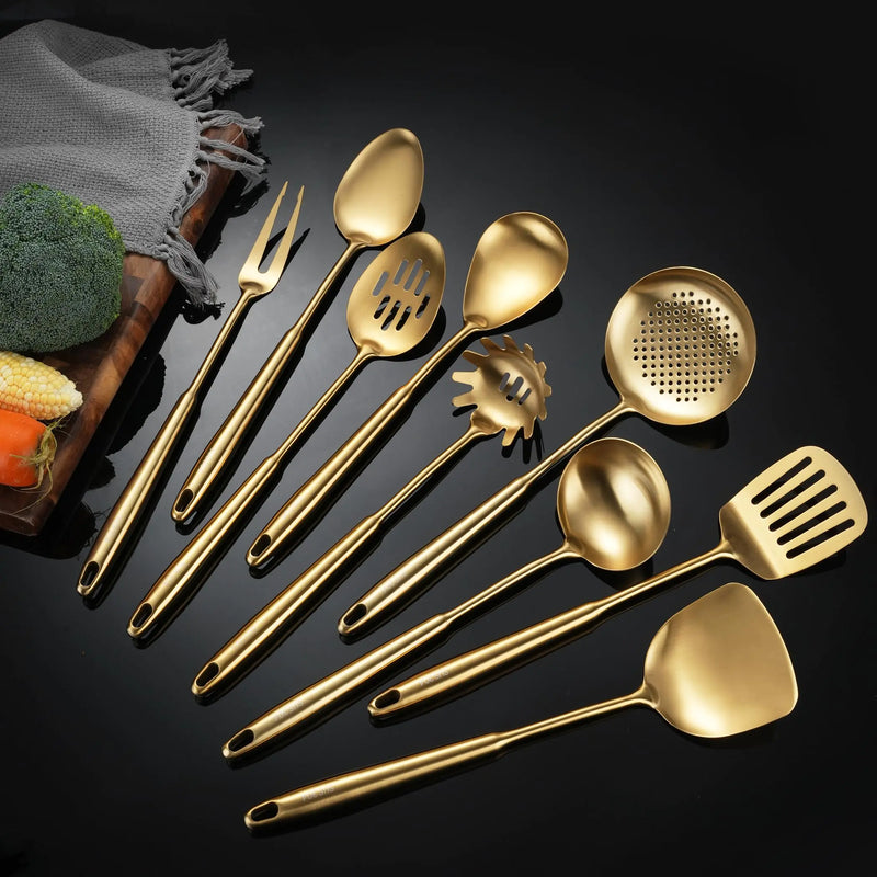 NIITAWH Stainless Steel Kitchen Utensils Gold 9 PCS All Metal Cooking Utensils Set with Solid Spoon Slotted Spoon Fork Spatula Ladle Skimmer Slotted Tunner Spaghetti Spoon Large Spoon 14 Inch