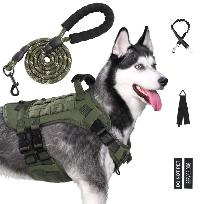 Yungaspy No Pull Tactical Dog Harness for Large Dogs Escape Proof Molle Dog Vest Harness and Leash Set Adjustable Military Service Dog Harness with Handle for Medium Large Dogs(GreenLarge)