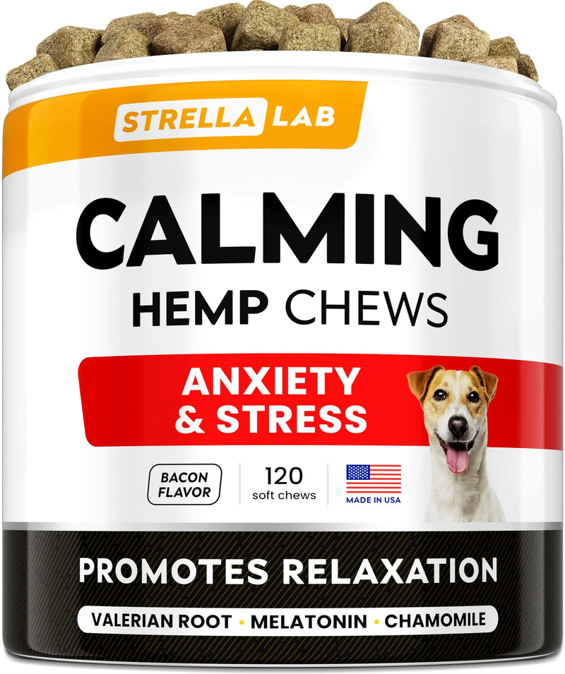 Hemp Calming Chews for Dogs - Advanced Dog Calming Treats - Dog Calming Chews - Anxiety Relief Treats - Separation Aid Barking Stress Relief Thunderstorms - Melatonin - Hemp Oil - 120Ct - Bacon