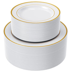 FOCUSLINE 120Pcs Gold Plastic Plates Disposable White and Gold Rim Plastic Plates Including 60 10Inch Dinner Plates 60 7Inch Dessert Plates Elegant Fancy Heavy Duty Wedding Party Plates