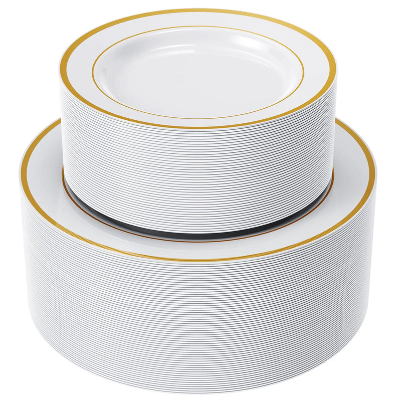 FOCUSLINE 120Pcs Gold Plastic Plates Disposable White and Gold Rim Plastic Plates Including 60 10Inch Dinner Plates 60 7Inch Dessert Plates Elegant Fancy Heavy Duty Wedding Party Plates