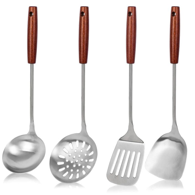 HANSGO Wok Utensils Set Stainless Steel Wok Spatula and Ladle 15 Inches Wok Tools Long Wooden Handle Include Slotted Spoon and Slotted Spatula