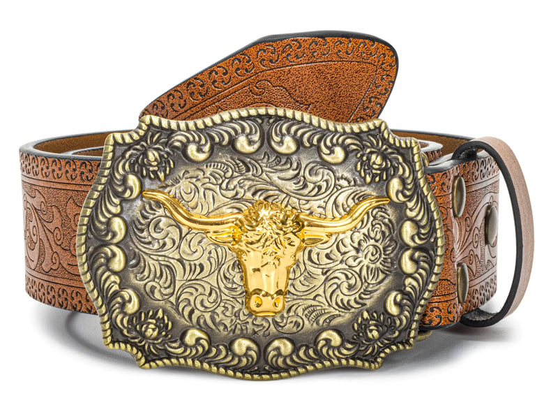YCMI Western Cowboy Belts for Men Women - Bull Buckle Vintage Floral Engraved Belt for 25 to 38