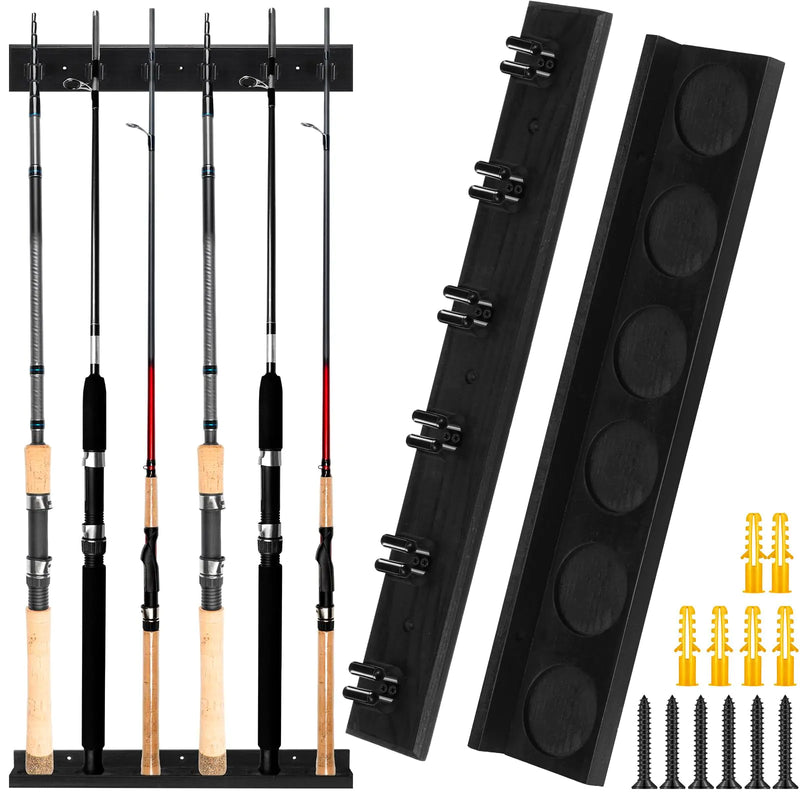 Arrowbash Wall Mounted Fishing Rod Holder Wooden Vertical Fishing Rod Rack Fishing Pole Holders for Garage Holds up to 6 Rods Fishing Gear Storage Organizer Gifts for Dad Grandpa(Pine Black)