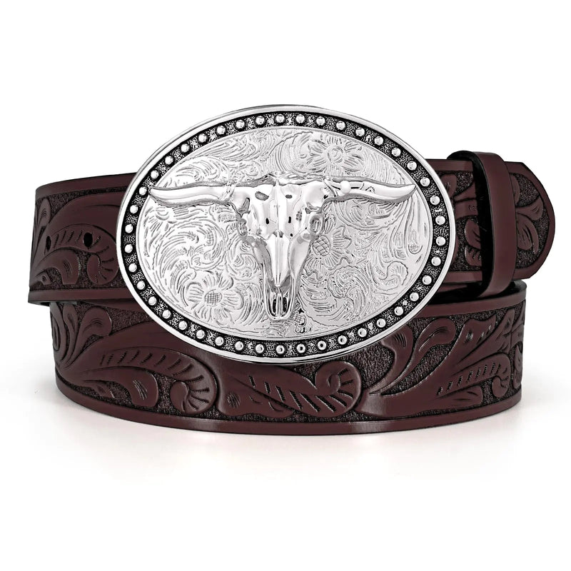 BELTROAD Western Leather Belt for Men Women Cowgirl Cowboy Belt Men Rodeo Western Leather Longhorn Bull Buckle Belt Leather Christmas Gifts Country Belts for Jeans