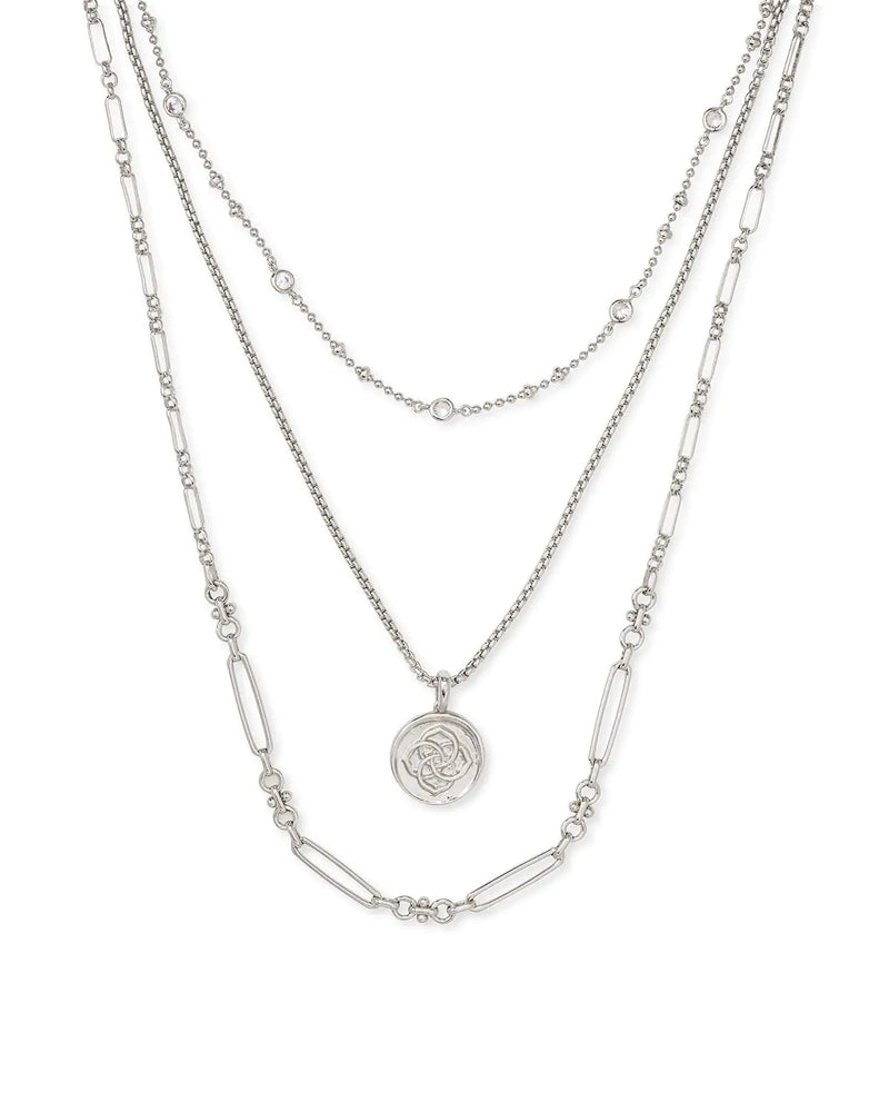 Kendra Scott Medallion Triple Strand Necklace in Silver-Plated Brass Fashion Jewelry for Women Rhodium
