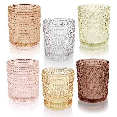 12 pcs Glass Votive Candle Holders 6 Colors 3 Patterns Tealight Candle Holders for Fall Wedding Table Centerpiece Birthday Decoration