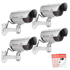 FITNATE Dummy Security Camera Upgrated 4 Packs Fake Security Camera CCTV Surveillance System with LED Red Flashing Light for Both Indoor & Outdoor Use + Security Camera Warning Stickers × 4 (Sliver)