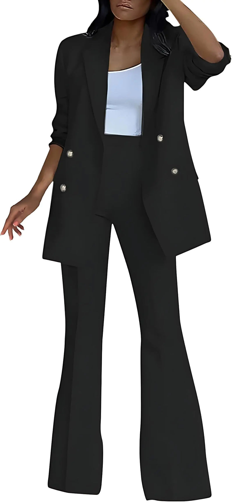 2024 Women Pantsuit Wide Leg 2 Piece Set Dressy Office Business Attire Work Wear Long Plus Size Professional Fall Formal Casual Blazer Jacket Pant Suit Elegant Suiting Interview Outfit Black-M