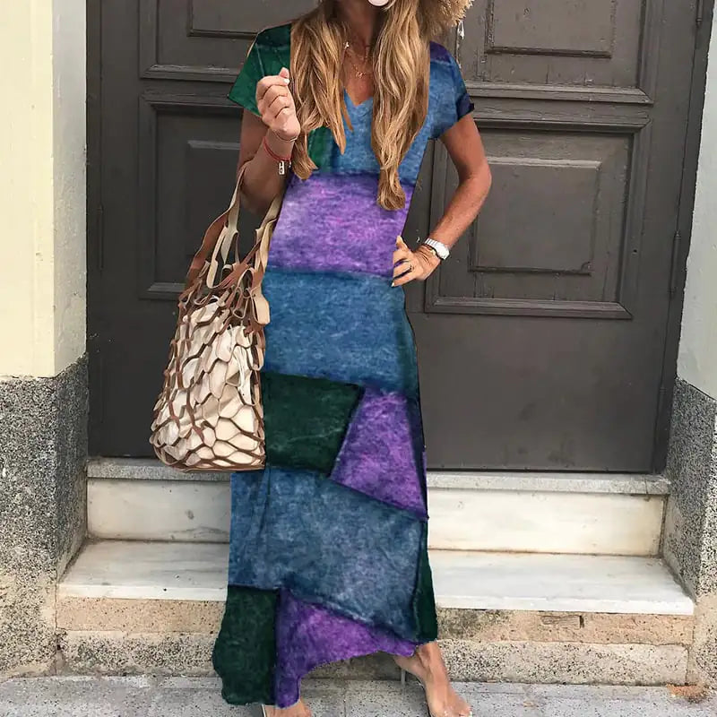 Bohemian Printed V-Neck Short Sleeve Dress