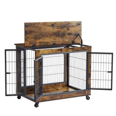 Furniture Style Dog Crate Side Table On Wheels With Double Doors And Lift Top. Rustic Brown, 31.50'' W X 22.05'' D X 25'' H.