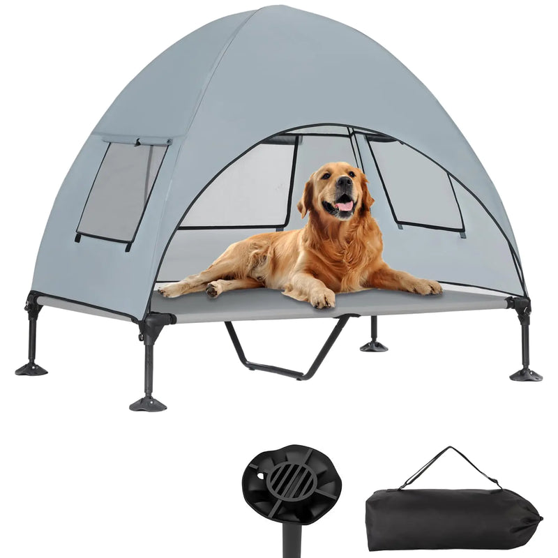 Elevated Outdoor Dog Bed with Canopy Cooling Raised Dog Cot Bed with Removable Shade Portable Pet Bed Cot with 360° Adjustable & Non-Slip Feet Dog Tent Bed for Large Dogs Camping Indoor & Outdoor