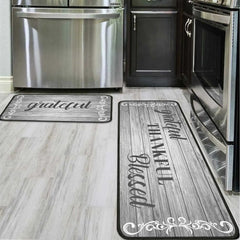 2Pcs Thankful Kitchen Rugs Set of 2 Grey Floor Mats for Cooking Non Slip Waterproof Standing Kitchen Runner Mats 17”x30”+17”x47”
