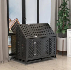 Heavy Duty Dog Crate 45 Inch Indestructible Pet Dog Cage Crate Kennel With Roof Top 2 Doors Removable Trays
