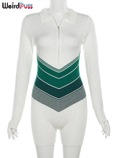 Weird Puss Zip Ribbed Rompers for Women - Casual Trend