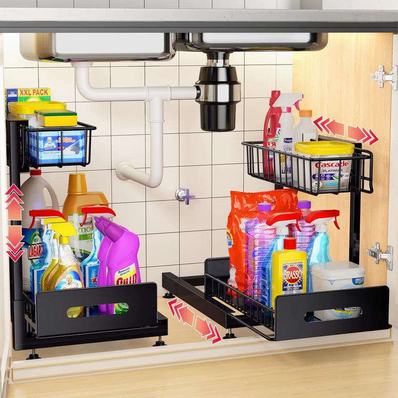 IHAITUN 2 Pack Under Sink Organizer and Storage 2 Tier Pull Out Cabinet Organizer Slide Out Sink Shelf Cabinet Height Adjustable Storage Drawers Shelves for Kitchen Bathroom Cabinet Organization