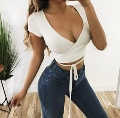 2022 Summer Women Casual Deep V-Neck Crop Top