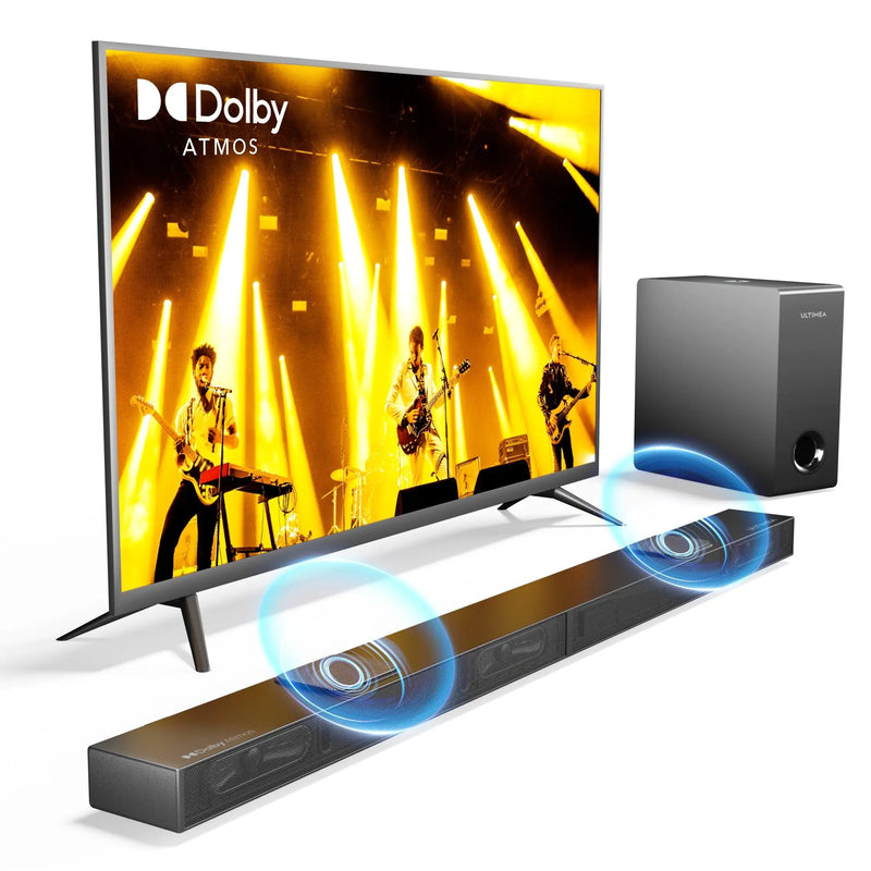 ULTIMEA 3.1.2 Dolby Atmos Soundbar 2 Up-firing Drivers 390W Peak Power Sound Bar with Subwoofer for Smart TV 4K HDR Pass-through Home Theater Sound System BassMX Technology HDMI IN/eARC Nova S70