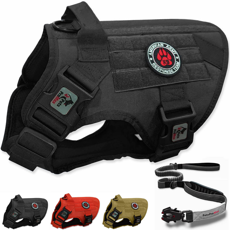 Pets ProMax Tactical Dog Harness with Tactical Dog Leash as 1 set for Extra Large Dogs; Military Style Tactical Dog Vest and Bungee Dog Leash with Car Seat Buckle | No-Pull Dog Vest and Leash Black XL